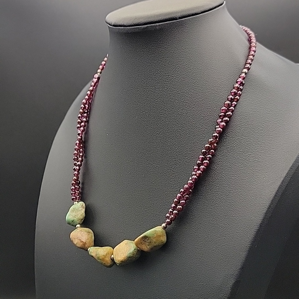 16" Royston Turquoise Garnet Beaded Necklace with 925 Sterling Silver Clasp Bead